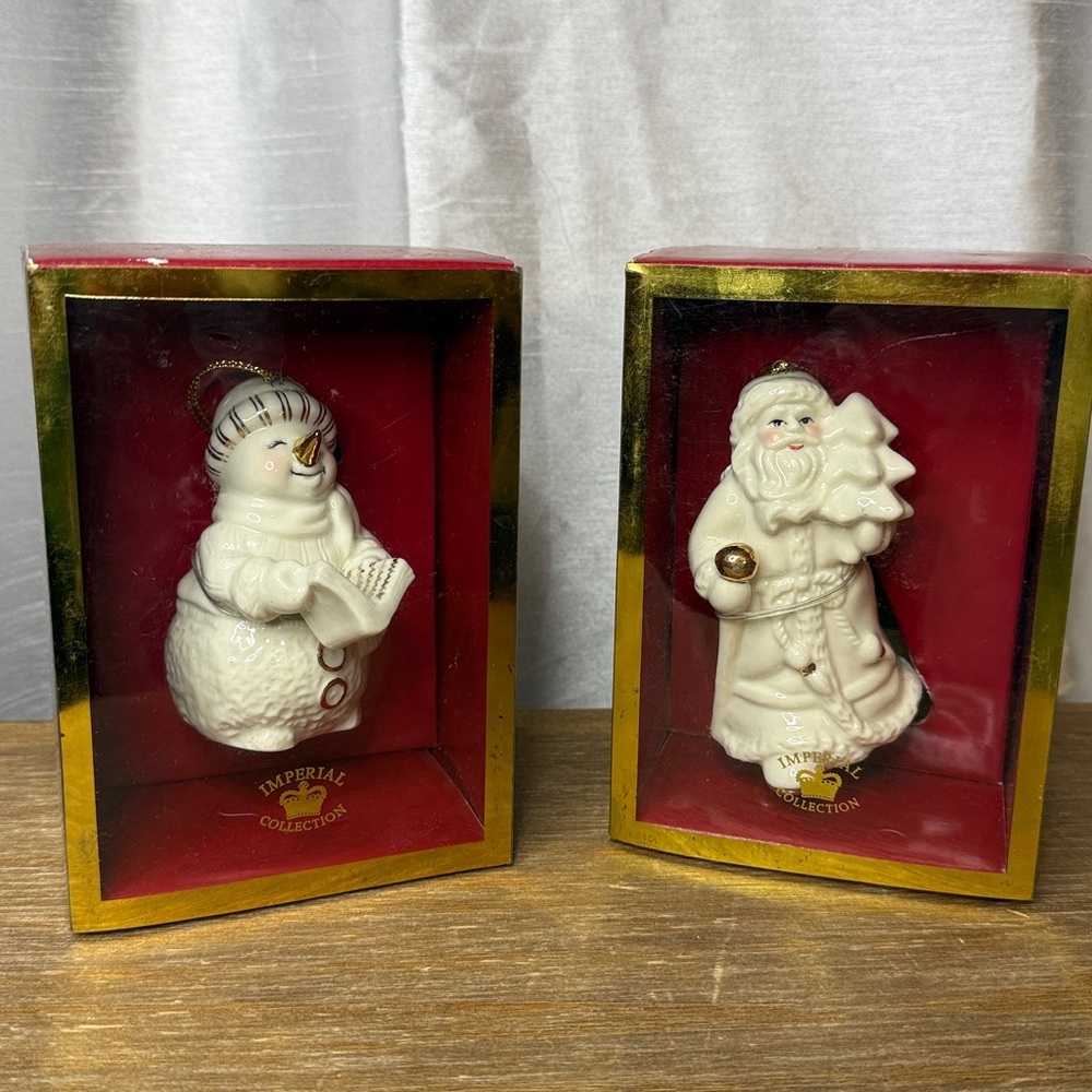 Imperial Collection CVS Set of 2 Jade Porcelain Ornament Snowman & Santa Vtg NOS